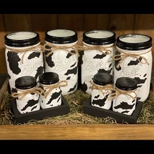 Hand painted cow print Mason jar kitchen set